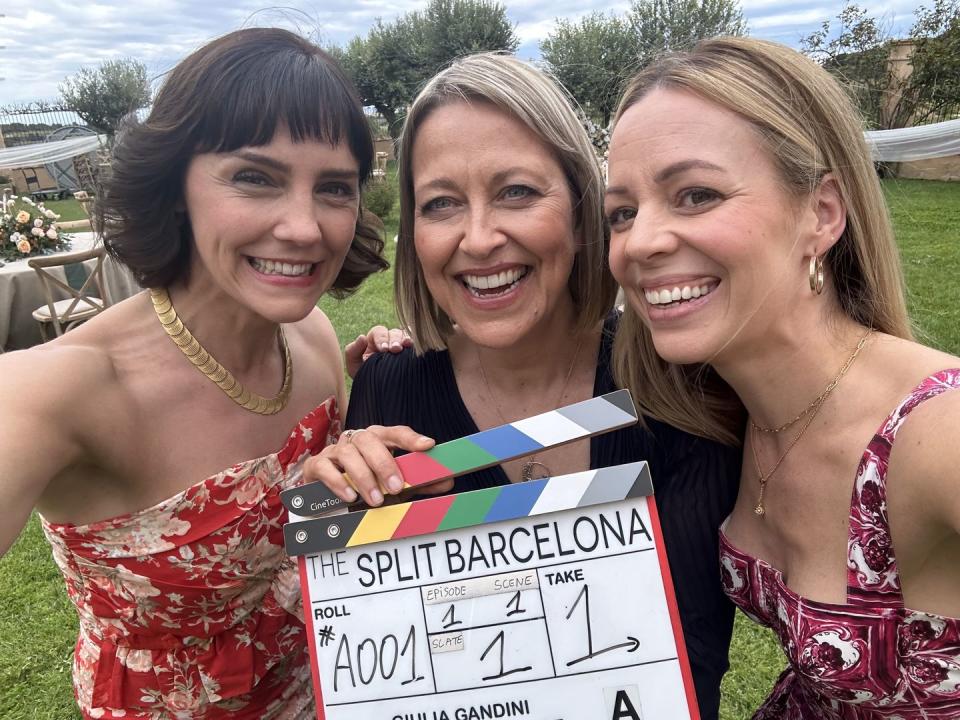 annabel scholey, nicola walker, fiona button on the set of the split barcelona