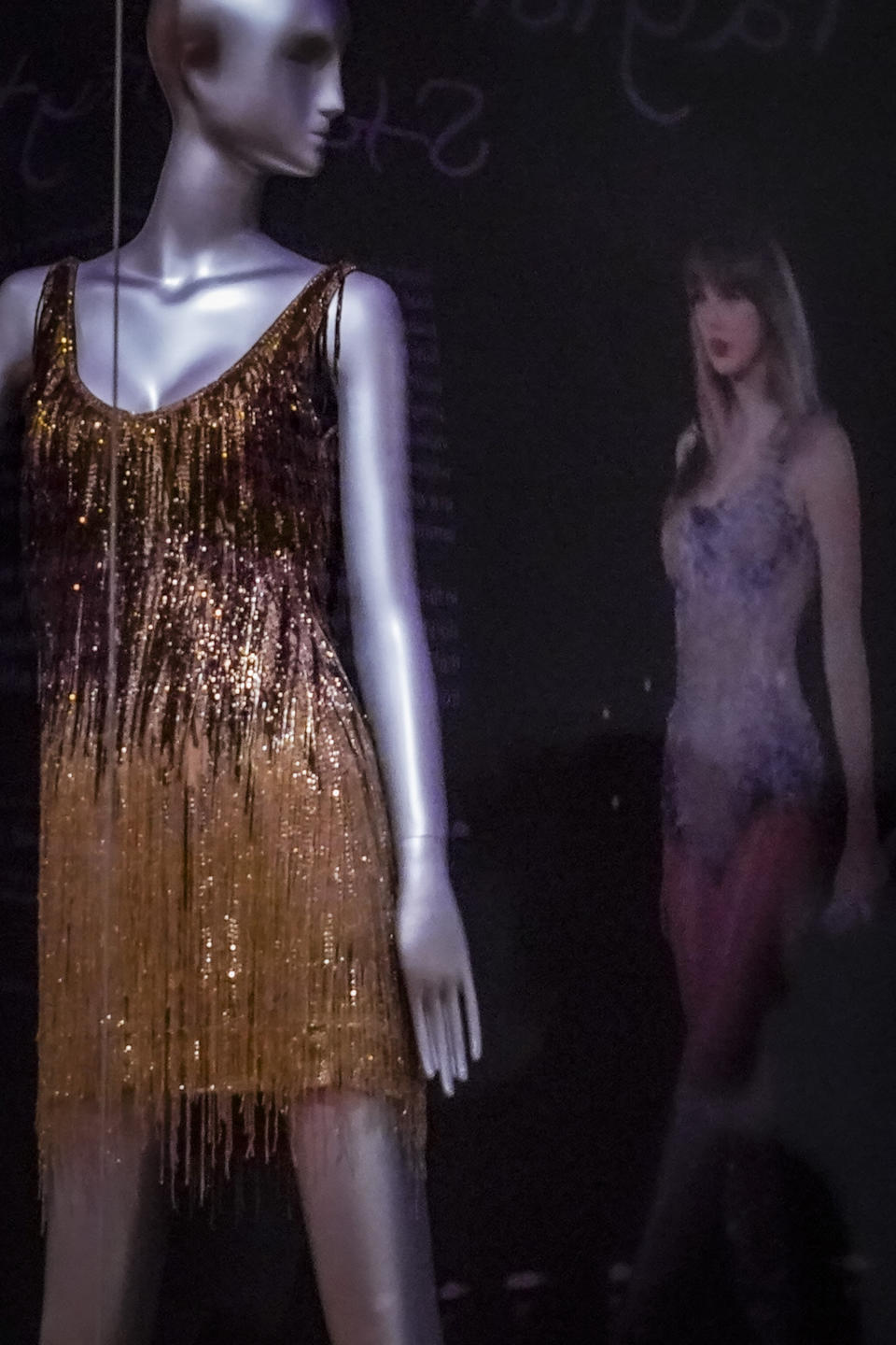 A dress worn by singer Taylor Swift from her 2010 "Speak Now" world tour, part of the exhibition,"Taylor Swift: Storyteller," is displayed at the Museum of Arts and Design in New York on Tuesday, May 23, 2023. The exhibit runs through Sept. 4. (AP Photo/Bebeto Matthews)