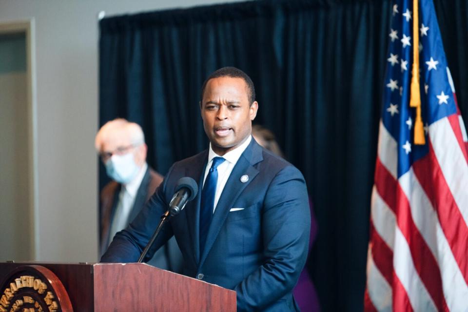 Kentucky Attorney General Daniel Cameron speaks during a press conference to announce a grand jury’s decision to indict one of three Louisville Metro Police Department officers involved in the shooting death of Breonna Taylor on September 23, 2020 in Frankfort, Kentucky. (Photo by Jon Cherry/Getty Images)