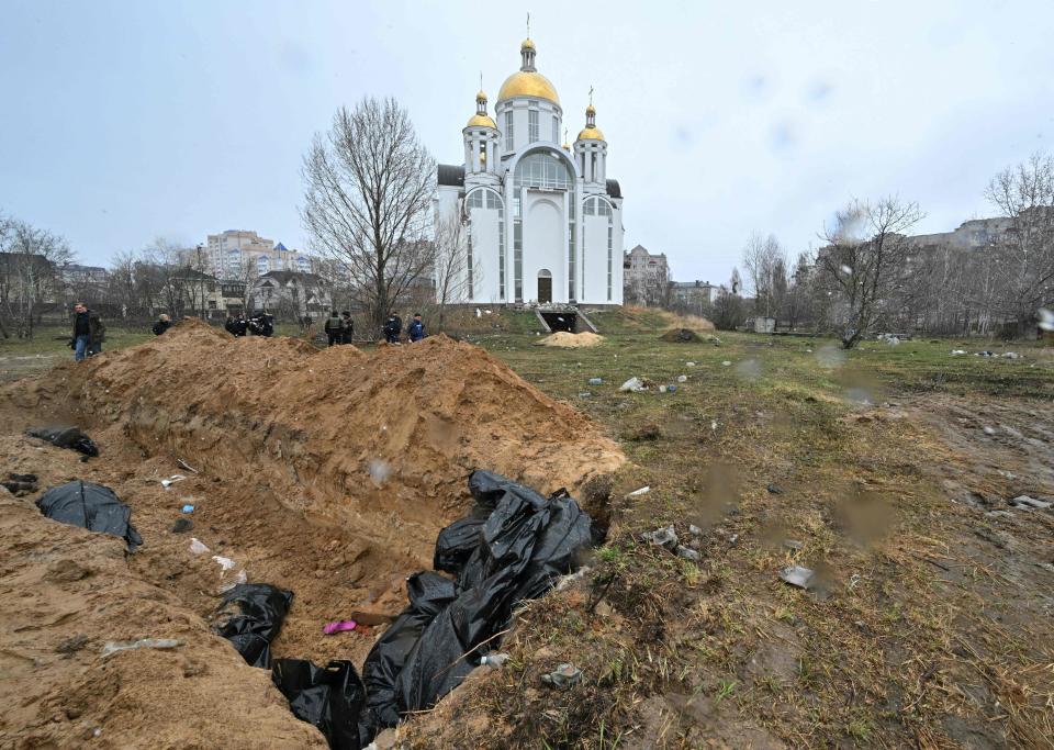 A mass grave behind a church in Bucha, Ukraine.