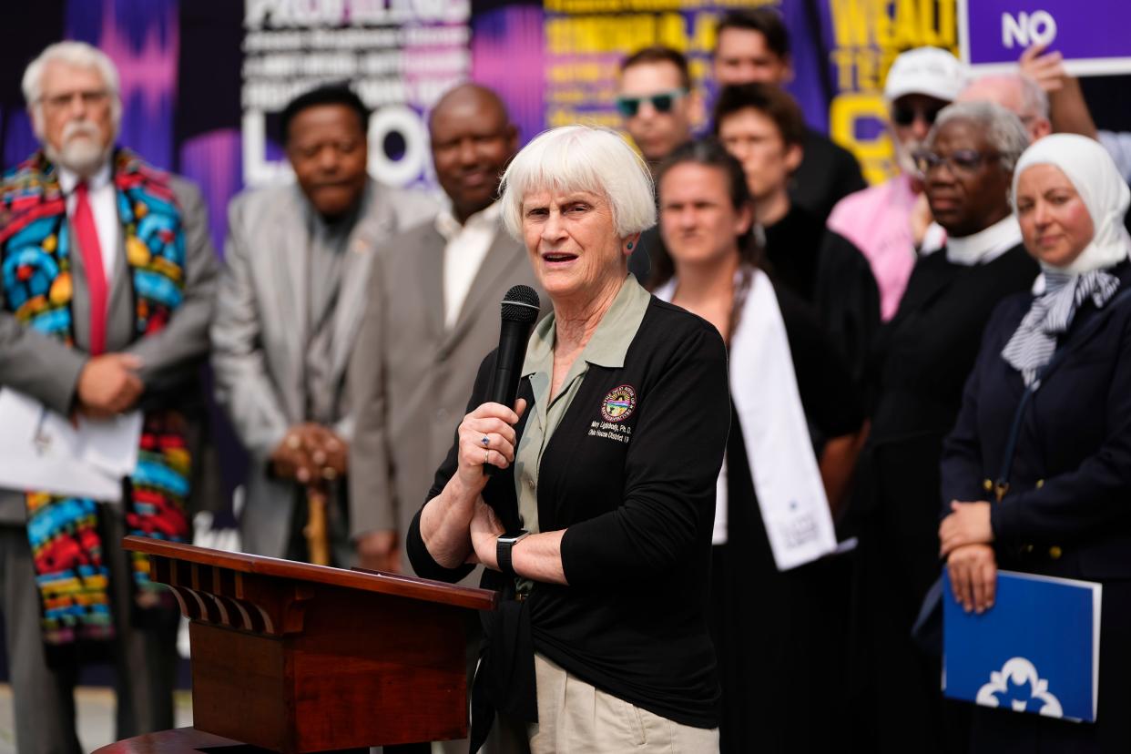Aug 2, 2023; Columbus, Ohio, USA;  State Rep. Mary Lightbody (D-Westerville), a deacon at First Congregational Church, speaks during a gathering of Columbus faith leaders speaking out against Issue 1 in a “Faith Votes No” rally at Washington Gladden Social Justice Park downtown.