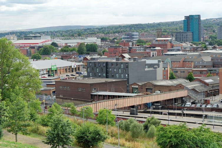 Buildings of Sheffield seen from a tree-covered hill.