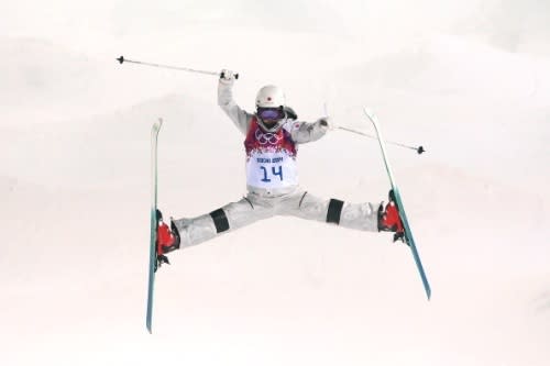 Junko Hoshino of Japan trains during moguls practice at the Extreme Park at Rosa Khutor Mountain