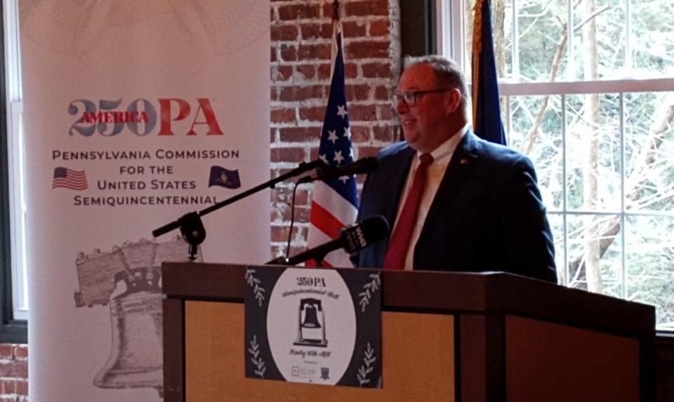 Rep. Joe Adams (R-Wayne/Pike) was back in Hawley, his hometown, Feb. 2, 2024, offering remarks at the announcement by America250PA that the Hawley Silk Mill was chosen as a site for a commemorative, full-scale replica of the Liberty Bell, to be dedicated in the fall of 2024. Adams resigned from the House a week later, on Feb. 9.