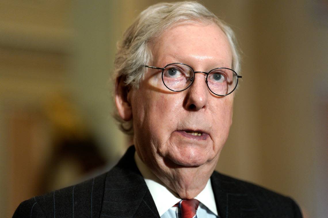 U.S. Senate Minority Leader Mitch McConnell (R-Kentucky) speaks to the media in March 2022. (Yuri Gripas/Abaca Press/TNS)