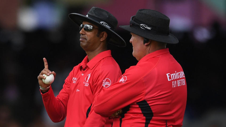 Kumar Dharmasena and Marais Erasmus convene during the Cricket World Cup final. Pic: Getty