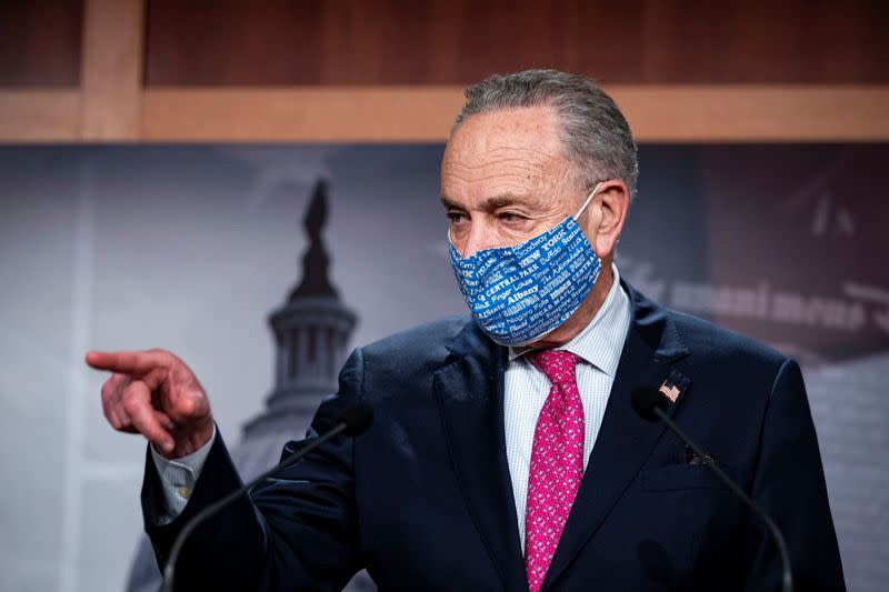 U.S. Senate Majority Leader Chuck Schumer (D-NY) speaks during a news conference in the U.S. Capitol