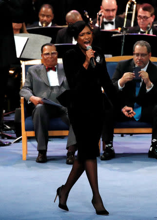 Jennifer Hudson performs at the funeral service for the late singer Aretha Franklin at the Greater Grace Temple in Detroit, Michigan, U.S., August 31, 2018. REUTERS/Mike Segar