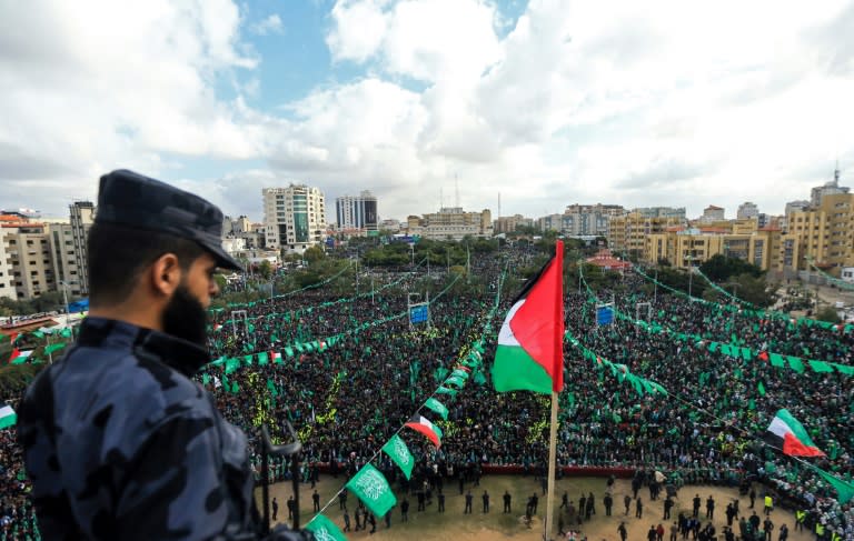 Hamas supporters take part in a rally marking the 30th anniversary of the founding of the Islamist movement, in Gaza City, on December 14, 2017