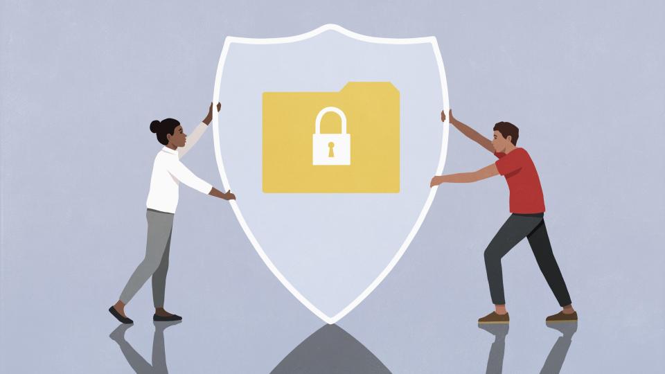 Illustration of Couple placing shield over padlocked digital file folder