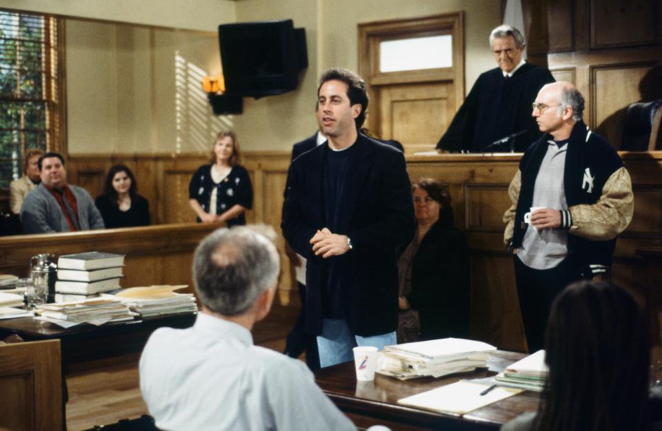David (right) with Jerry Seinfeld on the set of Seinfeld's “The Finale," 1998