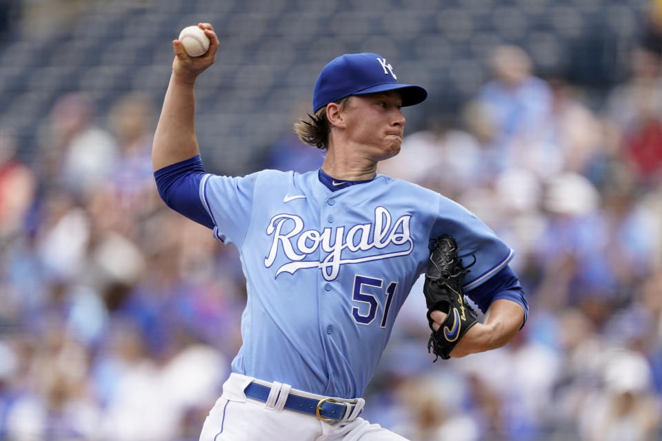 Kansas City Royals starting pitcher Brady Singer throws during the first inning of a baseball game against the Minnesota Twins Sunday, June 6, 2021, in Kansas City, Mo. (AP Photo/Charlie Riedel)