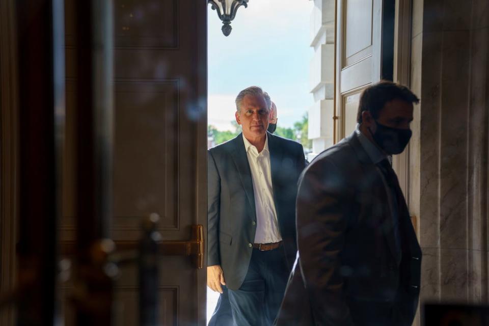 House Minority Leader Kevin McCarthy, R-Calif., arrives at the Capitol, Wednesday, May 12, 2021.