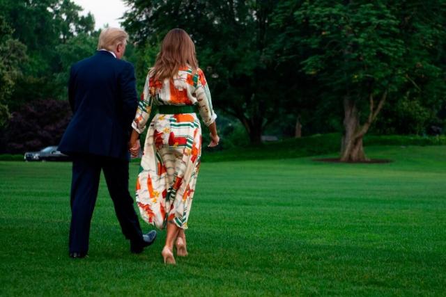 Melania Trump paired her Gucci shirt dress with nude stilettos. [Photo: Getty]