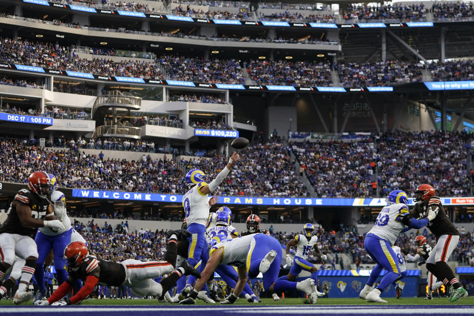 Los Angeles Rams quarterback Matthew Stafford (9) passes during the first half of an NFL football game against the Cleveland Browns, Sunday, Dec. 3, 2023, in Inglewood, Calif. (AP Photo/Ryan Sun)