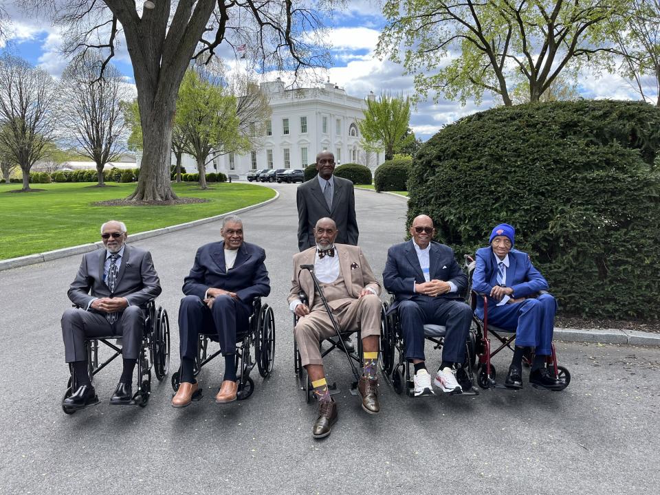 Seated from left to right are Robert Clark, Ernest Jones, George Finley, Ron Hamilton and Dick Barnett. Standing is Henry Carlton. / Credit: Willie James Inman/CBS News