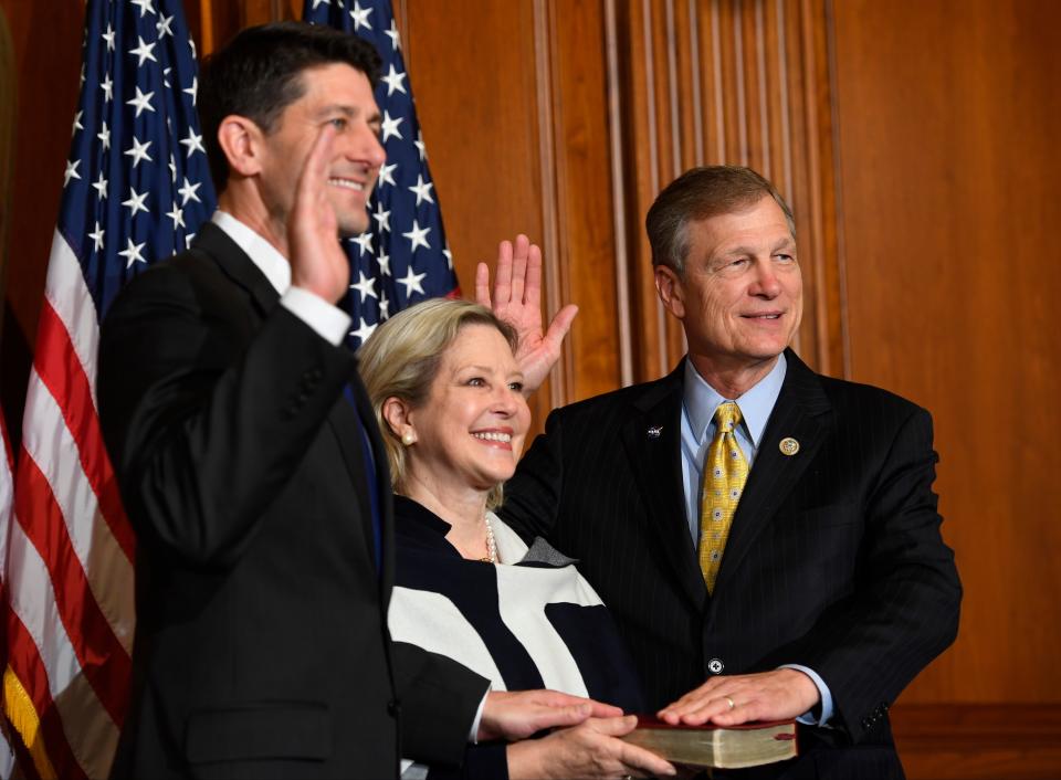 Rep. Brian Babin, R-Texas, along with his wife Roxanne Babin stand with then-House Speaker Paul Ryan, R-Wisconsin, for a ceremonial swearing-in and photo-op during the opening session of the 115th Congress on Tuesday, Jan. 3, 2017.