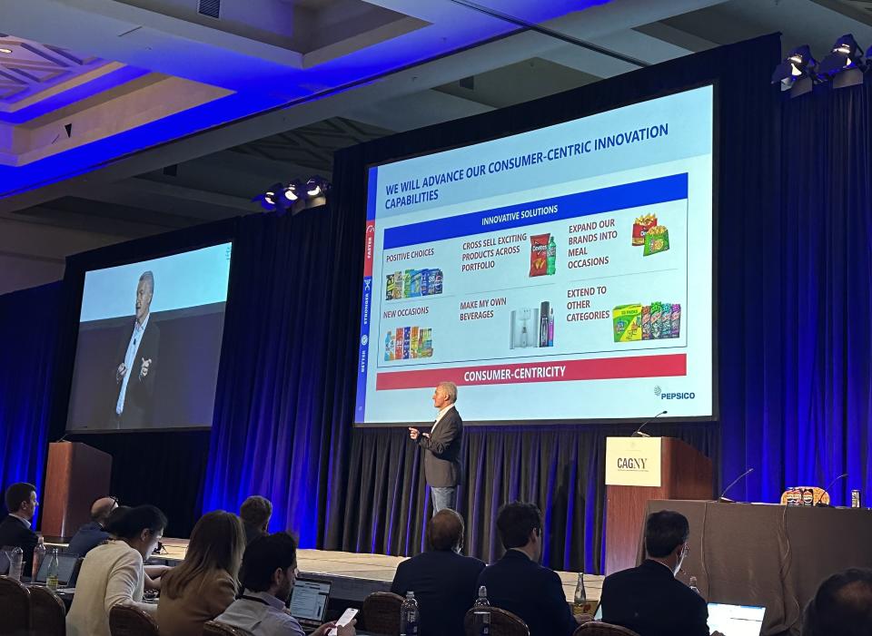 PepsiCo Chairman and CEO Ramon Luis Laguarta presents at CAGNY 2024 (Photo taken by Yahoo Finance).