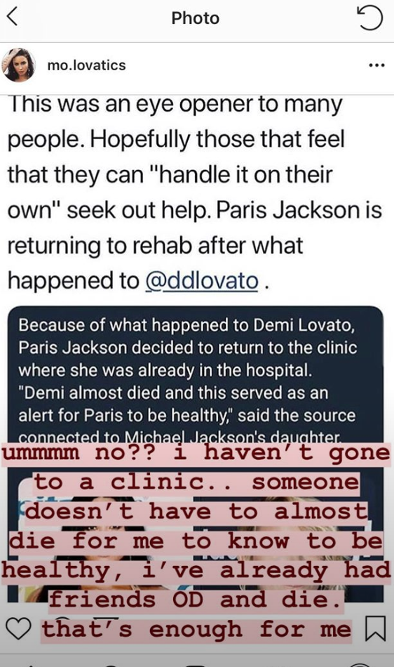 Paris Jackson responded to rumors about her sobriety on social media. (Photo: Paris Jackson via Instagram Stories)