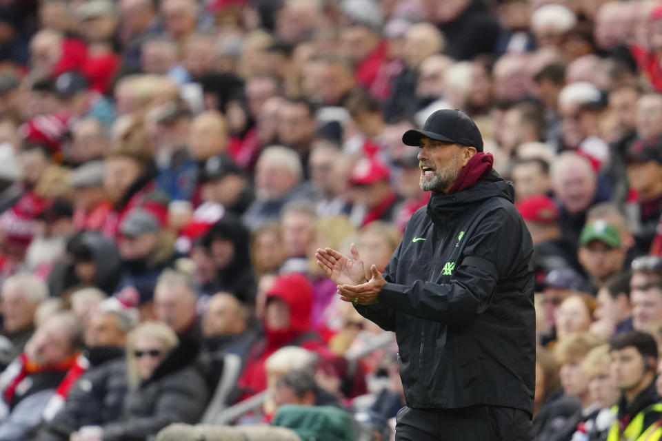 Liverpool's manager Jurgen Klopp reacts during the English Premier League soccer match between Liverpool and Nottingham Forest, at Anfield in Liverpool, England, Sunday, Oct. 29, 2023. (AP Photo/Jon Super)