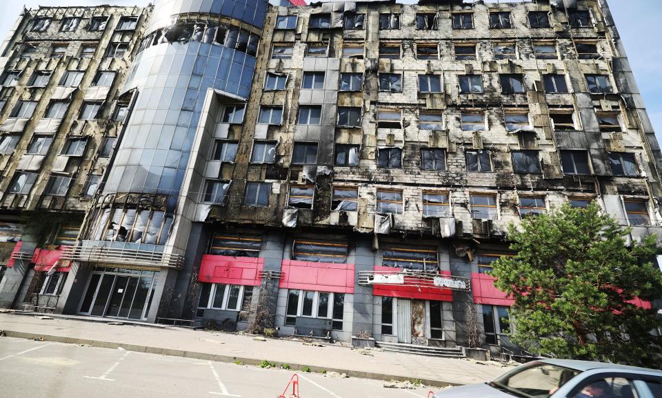 The remains of a building that was hit and destroyed by a rocket sits empty in Kyiv, Ukraine, on Wednesday, May 3, 2023. | Scott G Winterton, Deseret News