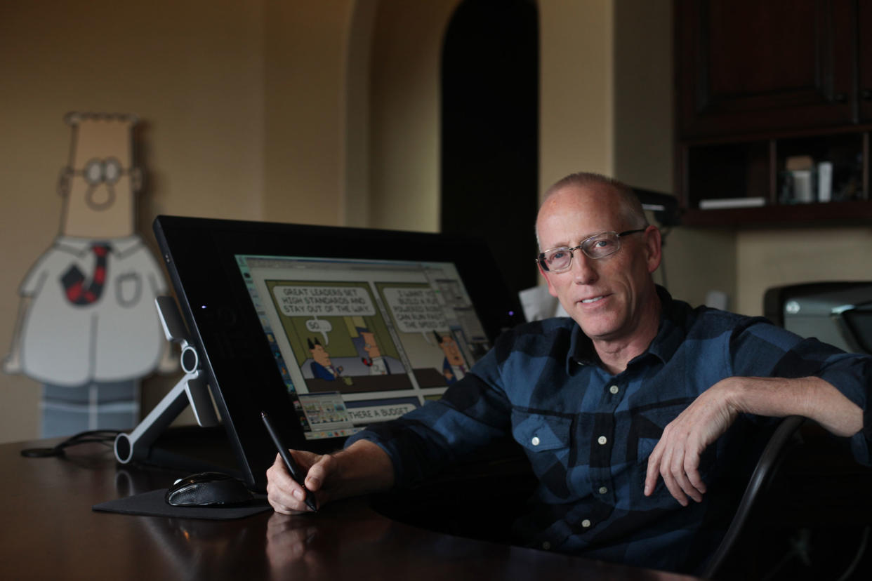 Scott Adams, cartoonist and author and creator of “Dilbert,” poses for a portrait in his home office in Pleasanton, Calif., on Jan. 6, 2014.