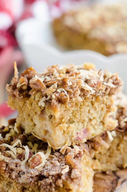 <p>The Creative Bite</p><p>A moist buttermilk cake filled with rhubarb topped with a coconut and pecan topping.</p><p><strong>Get the recipe: <a href="https://www.thecreativebite.com/rhubarb-streusel-coffee-cake/" rel="nofollow noopener" target="_blank" data-ylk="slk:Rhubarb Streusel Coffee Cake;elm:context_link;itc:0;sec:content-canvas" class="link ">Rhubarb Streusel Coffee Cake</a></strong></p>