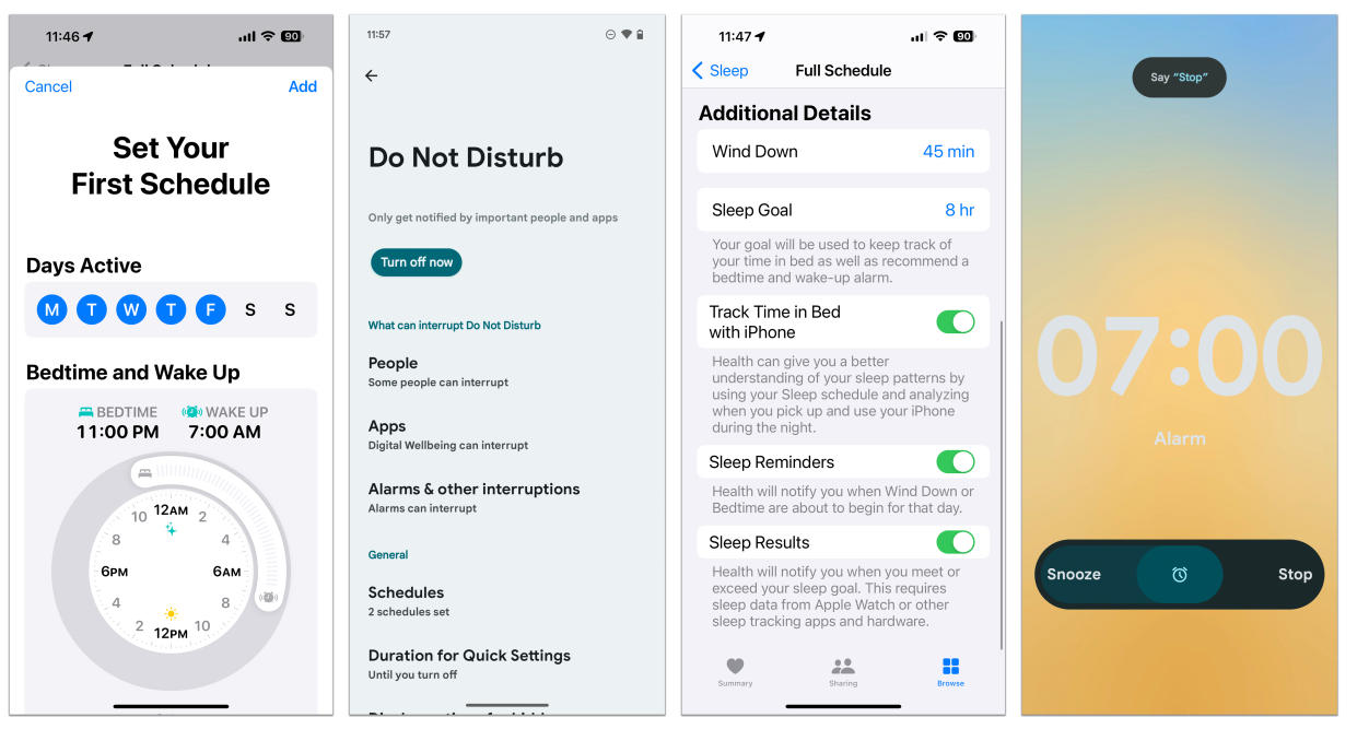 En imágenes sin fecha de Apple y Google, de izquierda a derecha, la pantalla de programación del sueño de iOS, los controles No molestar de Android, la configuración del sueño en la aplicación Salud de iOS y una alarma matutina en un teléfono Android. (Apple; Google vía The New York Times)