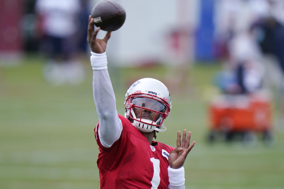 New England Patriots quarterback Cam Newton (1) throws a pass during an NFL football training camp practice, Thursday Aug. 27, 2020 in Foxborough, Mass. (AP Photo/Steven Senne, Pool)