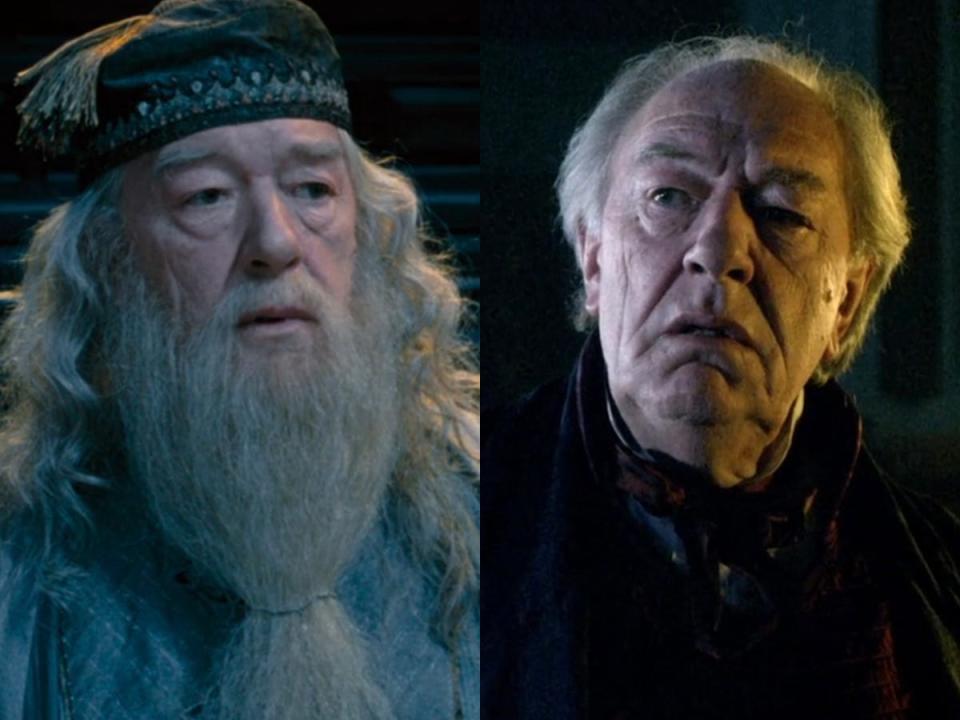 Left: Michael Gambon in "Harry Potter and the Order of the Phoenix." Right: Gambon on "Doctor Who."