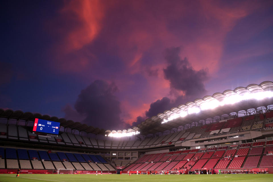 <p>KASHIMA, JAPAN - AUGUST 02: A general view inside the stadium as the sun sets during the Women's Semi-Final match between USA and Canada on day ten of the Tokyo Olympic Games at Kashima Stadium on August 02, 2021 in Kashima, Ibaraki, Japan. (Photo by Atsushi Tomura/Getty Images)</p> 