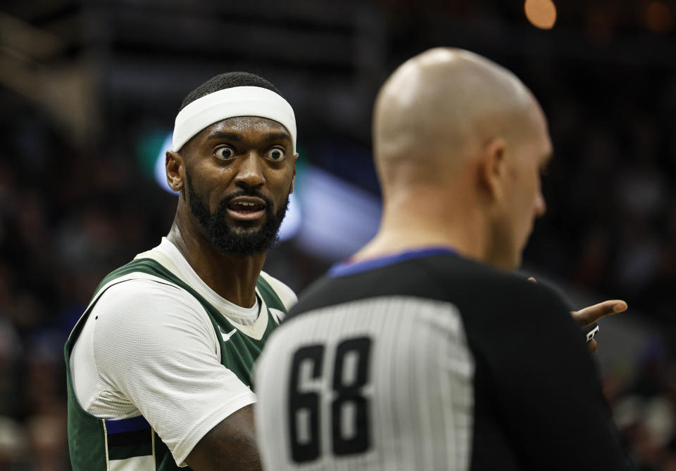 Milwaukee Bucks Bobby Portis Jr. argues a call during the first half of an NBA basketball game against the Indiana Pacers Monday, Jan. 1, 2024, in Milwaukee. (AP Photo/Jeffrey Phelps)