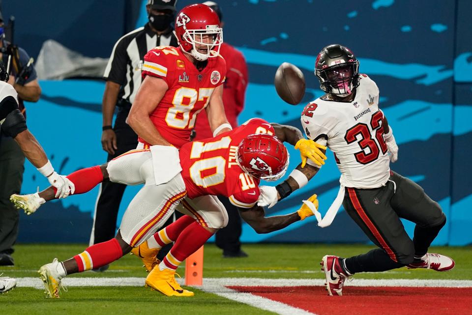 Tampa Bay Buccaneers safety Mike Edwards breaks up a pass intended for Kansas City Chiefs wide receiver Tyreek Hill during the first half of Super Bowl LV Sunday, Feb. 7, 2021, in Tampa, Fla.