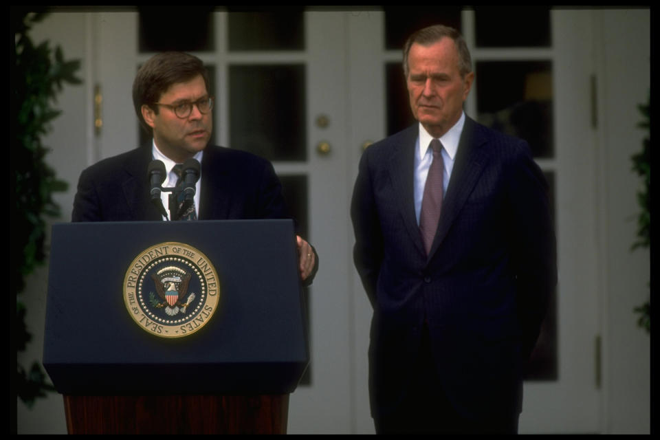 Barr joins President George H.W. Bush for the announcement of his nomination as AG in 1991 | Dirck Halstead—TIME-LIFE Images Collection/Getty Images