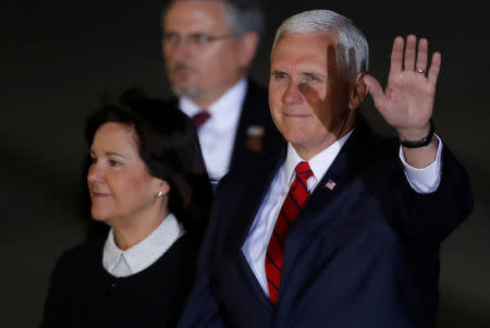 U.S. Vice President Mike Pence and second lady Karen Pence arrive to greet the three Americans formerly held hostage in North Korea, at Joint Base Andrews, Maryland, U.S., May 10, 2018. REUTERS/Jim Bourg