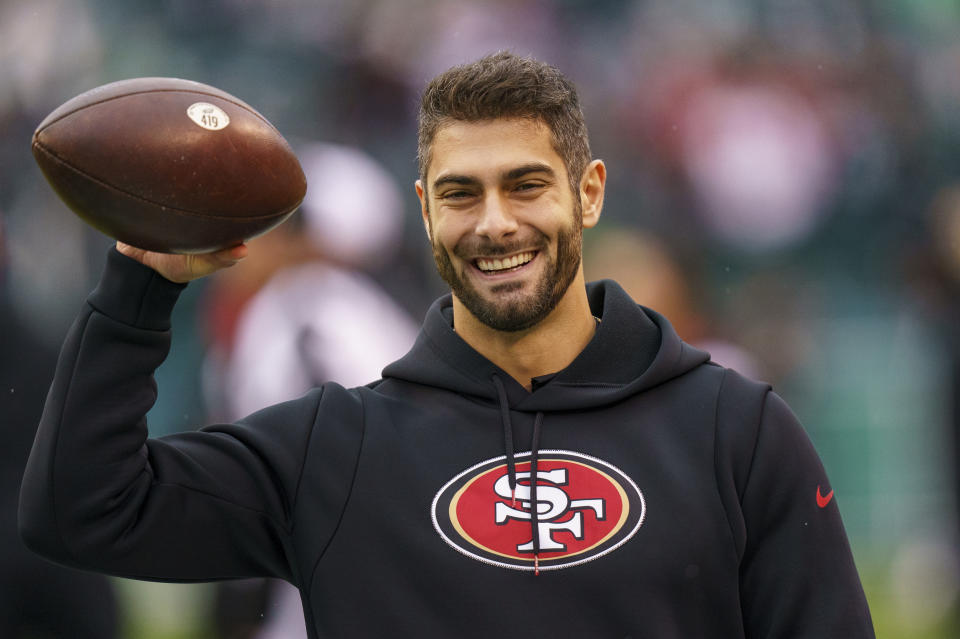 Jimmy Garoppolo is one of the biggest names in the NFL free agent market this year.  (AP Photo/Chris Sagola)