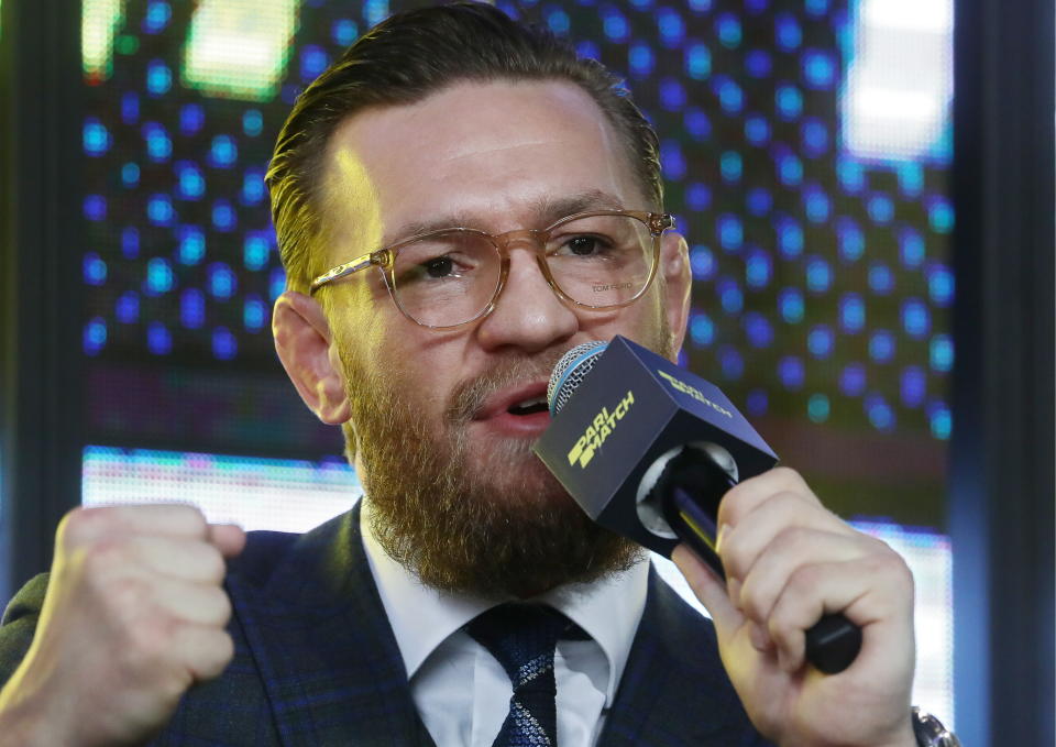McGregor announces his comeback at a press conference in Moscow (Photo by Stanislav Krasilnikov\TASS via Getty Images)