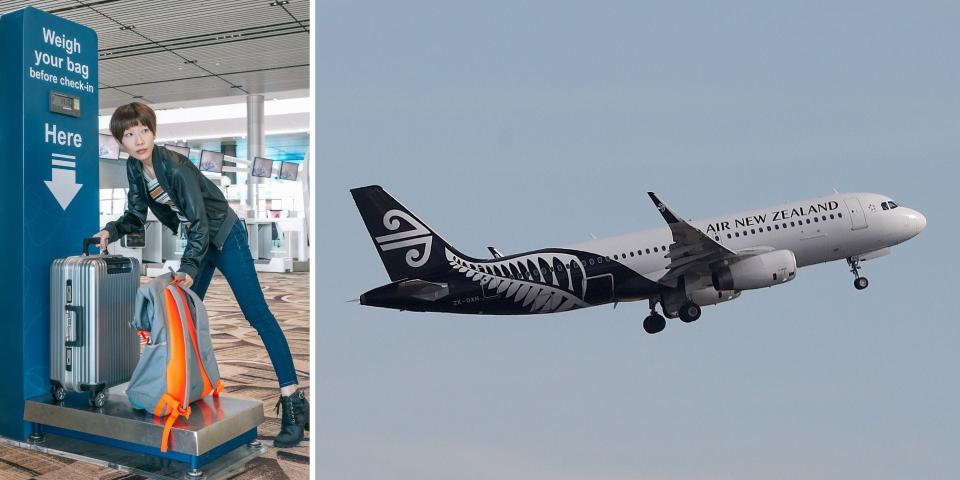 Illustrative photo of passenger weighing suitcases; Air New Zealand plane.