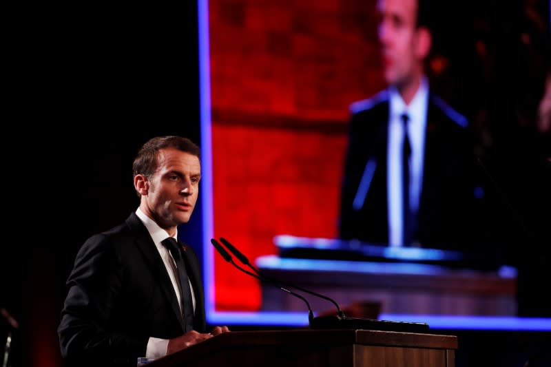 French President Emmanuel Macron speaks at the World Holocaust Forum marking 75 years since the liberation of the Nazi extermination camp Auschwitz, at Yad Vashem Holocaust memorial centre in Jerusalem