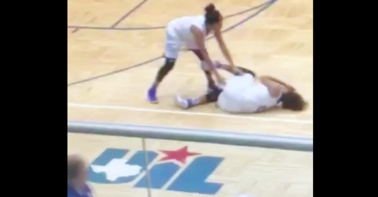 South San Antonio sophomore Destiny Hilliary collapsed after being hit from behind during a tournament game. (Screen shot)