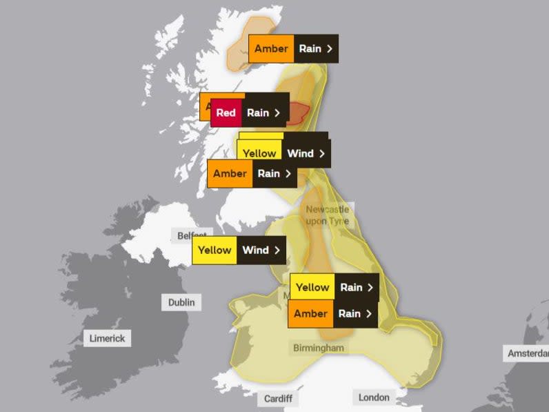 Weather warnings for Saturday (Met Office)