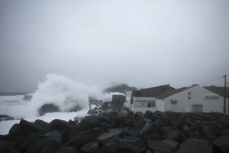 Waves crash against the coast during the passage of hurricane Alex in Ponta Delgada, Azores, Portugal, January 15, 2016. REUTERS/Rui Soares