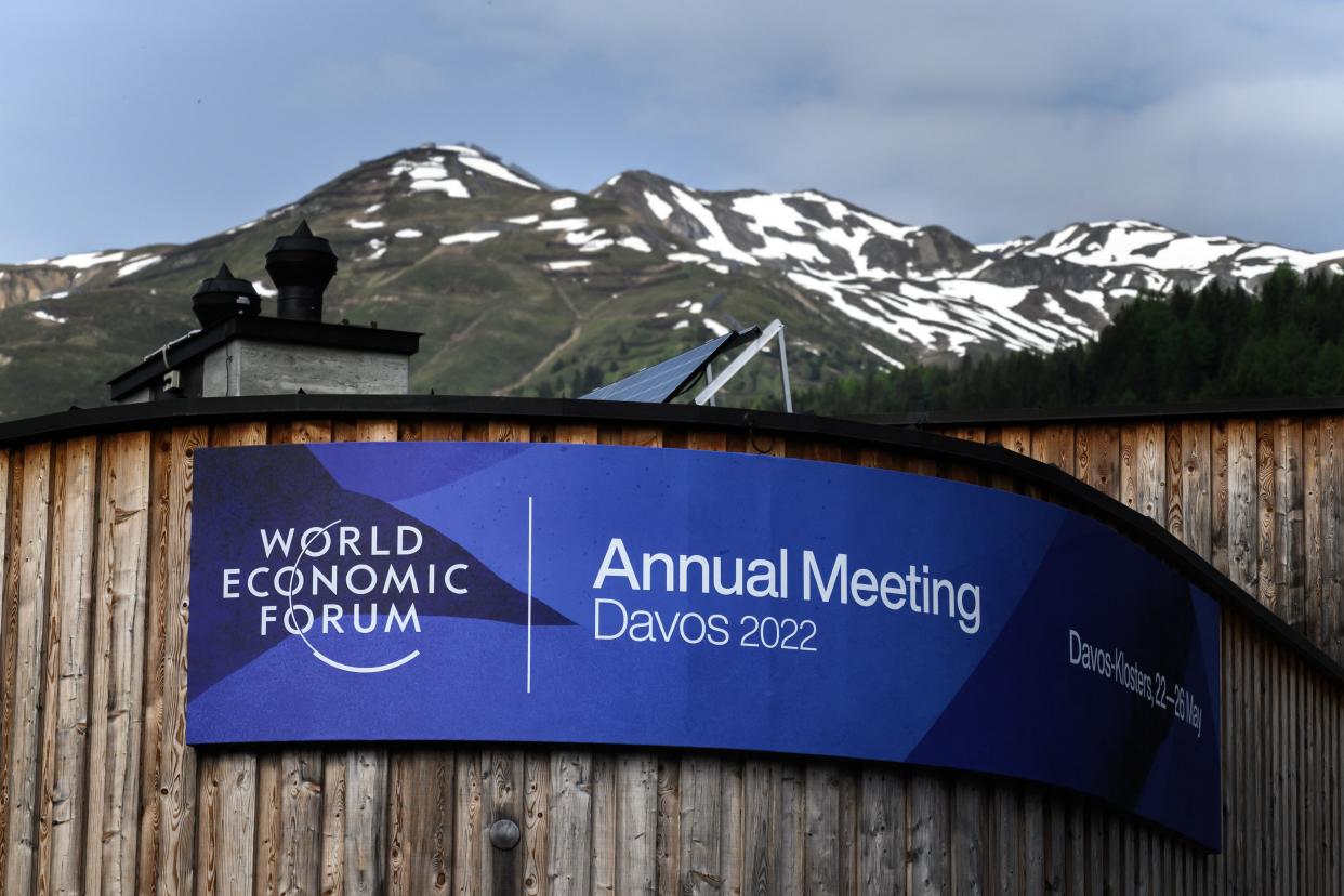 A picture shows an event banner on the congress centre ahead of the World Economic Forum (WEF) annual meeting in Davos on May 22, 2022. 