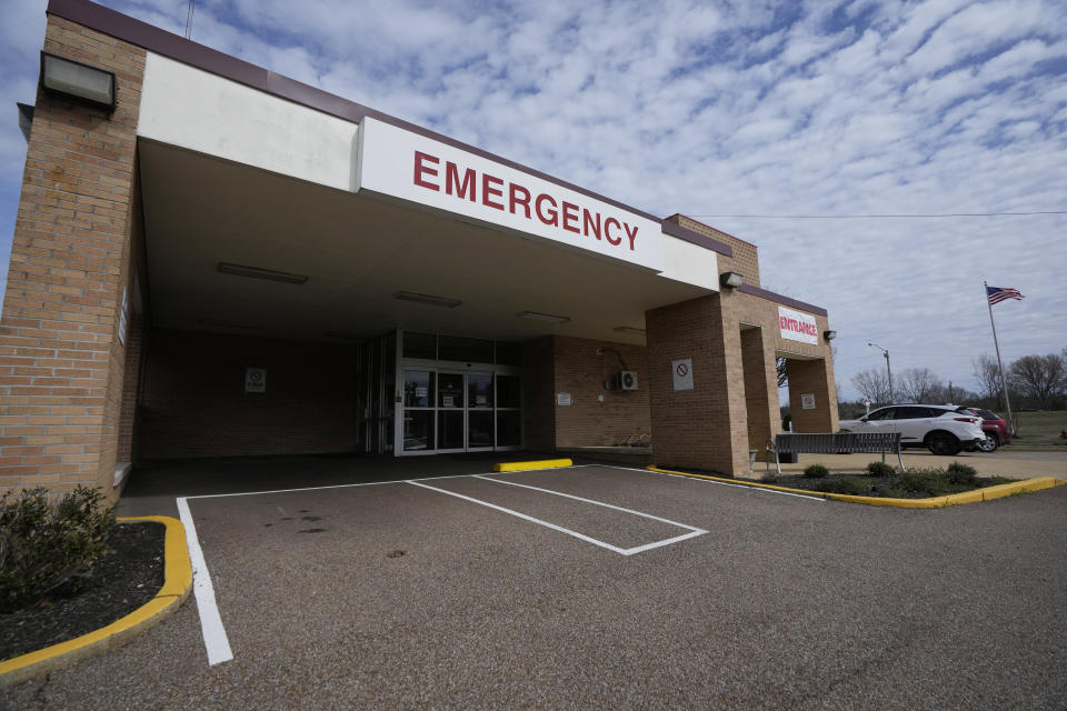 After transitioning to a rural emergency hospital, patients can only enter the Alliance Healthcare System hospital in Holly Springs, Miss., through the emergency room and the small admittance office at the side, photographed Feb. 29, 2024. (AP Photo/Rogelio V. Solis)