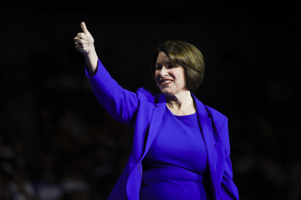 Democratic presidential candidate Sen. Amy Klobuchar, D-Minn arrives to speak at the McIntyre-Shaheen 100 Club Dinner, Saturday, Feb. 8, 2020, in Manchester, N.H. (AP Photo/Matt Rourke)