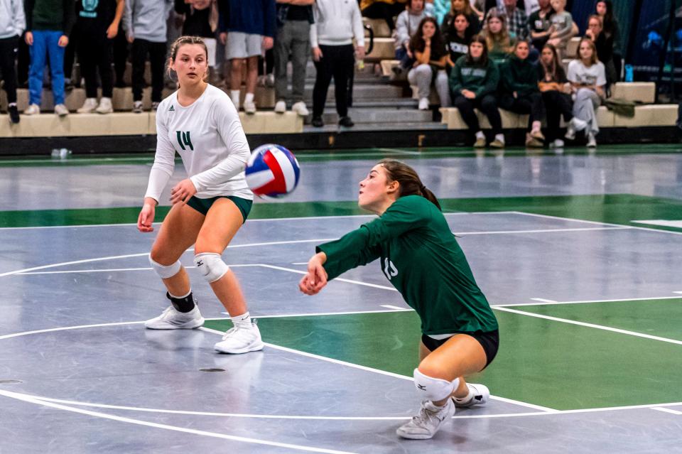 Dartmouth's Gaby Velazquez digs the serve from Masconomet.