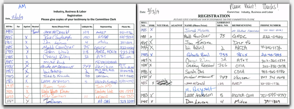 On the left, a sign-in sheet for an Assembly committee hearing in North Dakota shows industry lobbyists opposed to a California-style data privacy bill; on the right, a sign-in sheet from the same committee a little more than a month later shows industry lobbyists supporting the measure after it was turned into a study of the issue. 