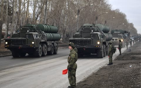 S-300 long range surface-to-air missile systems seen during a rehearsal of a Victory Day military parade commemorating the 73rd anniversary of the victory over Nazi Germany - Credit: Getty