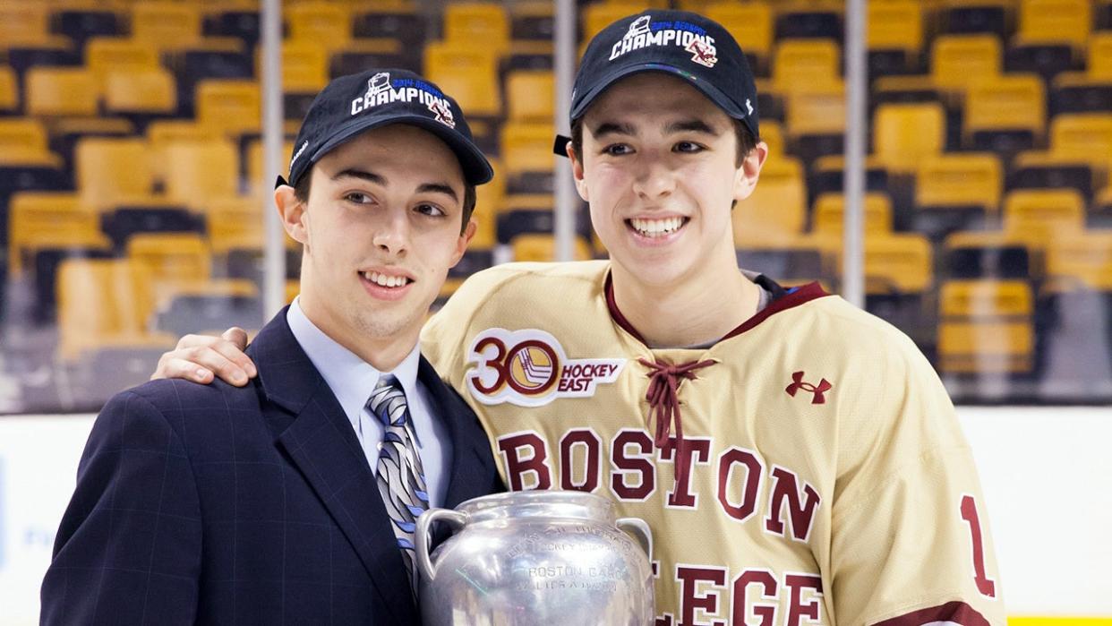 <div>BOSTON, MA - FEBRUARY 10: Brothers Johnny Gaudreau #13 and Matthew Gaudreau #21 of the Boston College Eagles celebrate after the Eagles beat the Northeastern University Huskies to win their fifth Beanpot Championship in a row in NCAA hockey action in the championship game of the annual Beanpot Hockey Tournament at TD Garden on February 10, 2014 in Boston, Massachusetts. (Photo by Richard T Gagnon/Getty Images)</div>