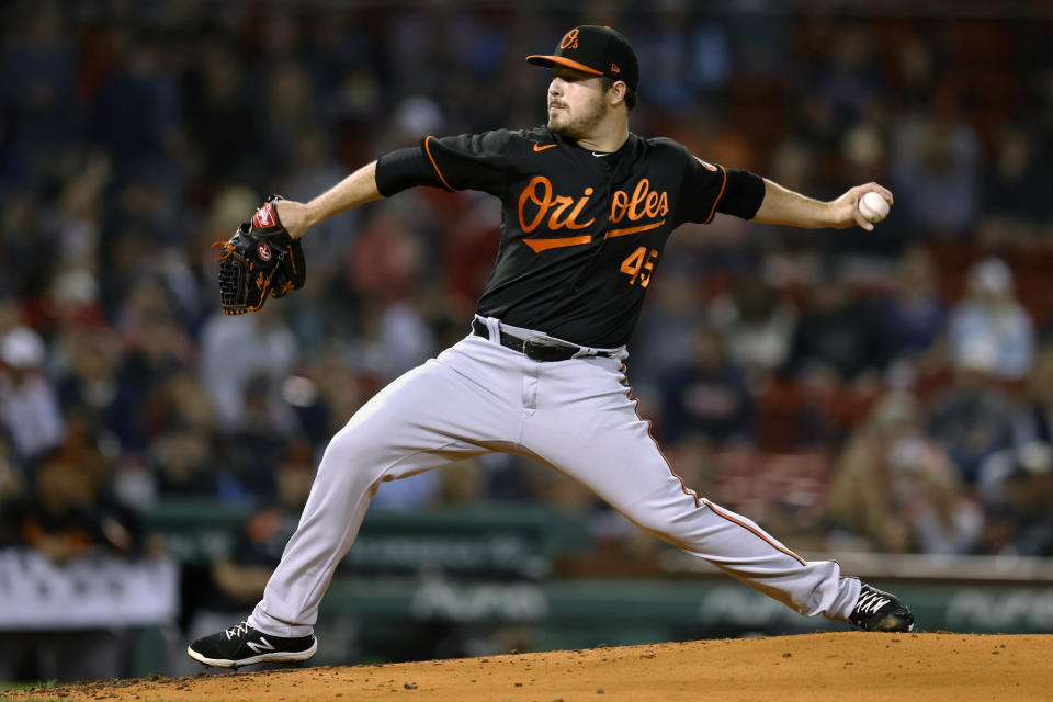 Baltimore Orioles' Keegan Akin pitches during the first inning of the team's baseball game against the Boston Red Sox, Friday, Sept. 17, 2021, in Boston. (AP Photo/Michael Dwyer)